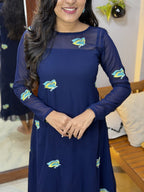Close-up of [PBC1027] – navy Embroidered Georgette showing butterfly and bird embroidery motifs in aqua and yellow