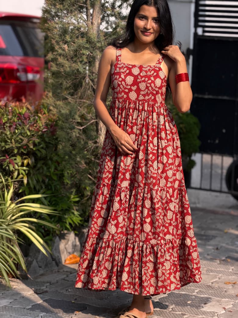 [PBC1029] Terracotta Floral Block Print Jaipur Soft Cotton – full-length front view, outdoor