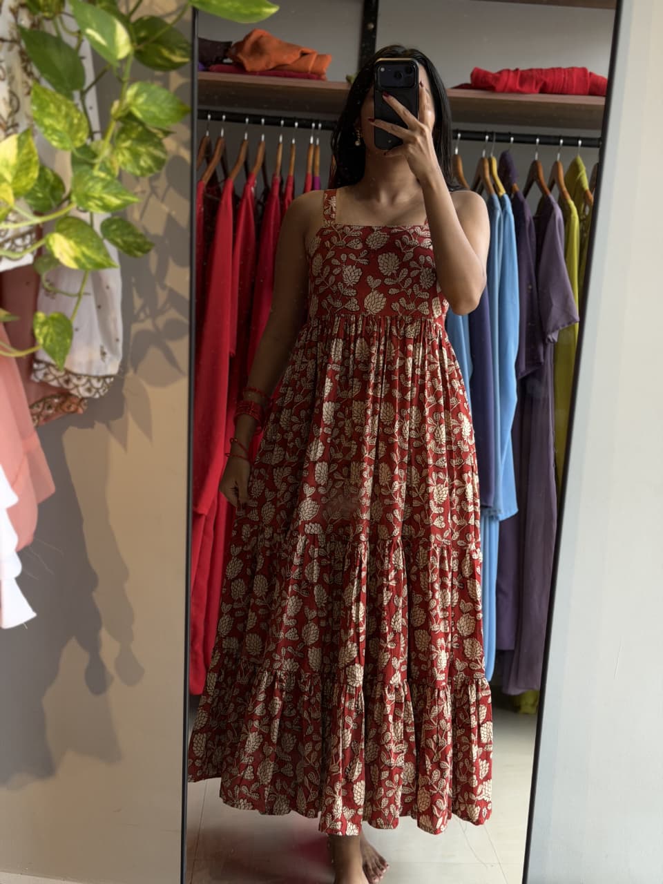 [PBC1029] Terracotta Floral Block Print Jaipur Soft Cotton – full-length mirror view