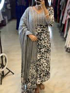[PBC1030] Black & White Floral Jaipur Soft Cotton – full-length mirror view showing Slit Top with bottoms and dupatta