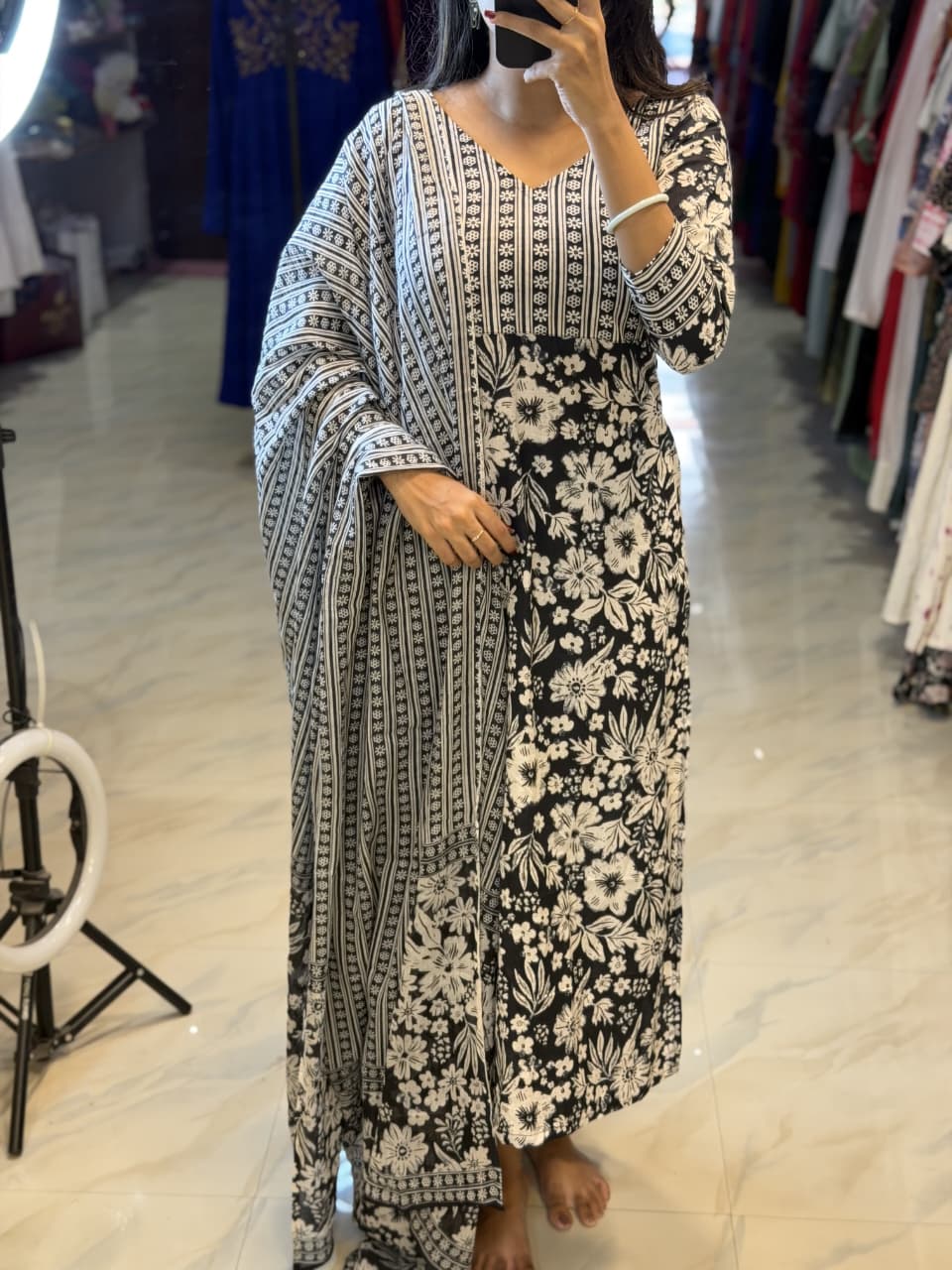 [PBC1030] Black & White Floral Jaipur Soft Cotton – full-length mirror view showing Slit Top with bottoms and dupatta