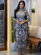 [PBC1030] Black & White Floral Jaipur Soft Cotton – full-length front view with matching bottoms and dupatta