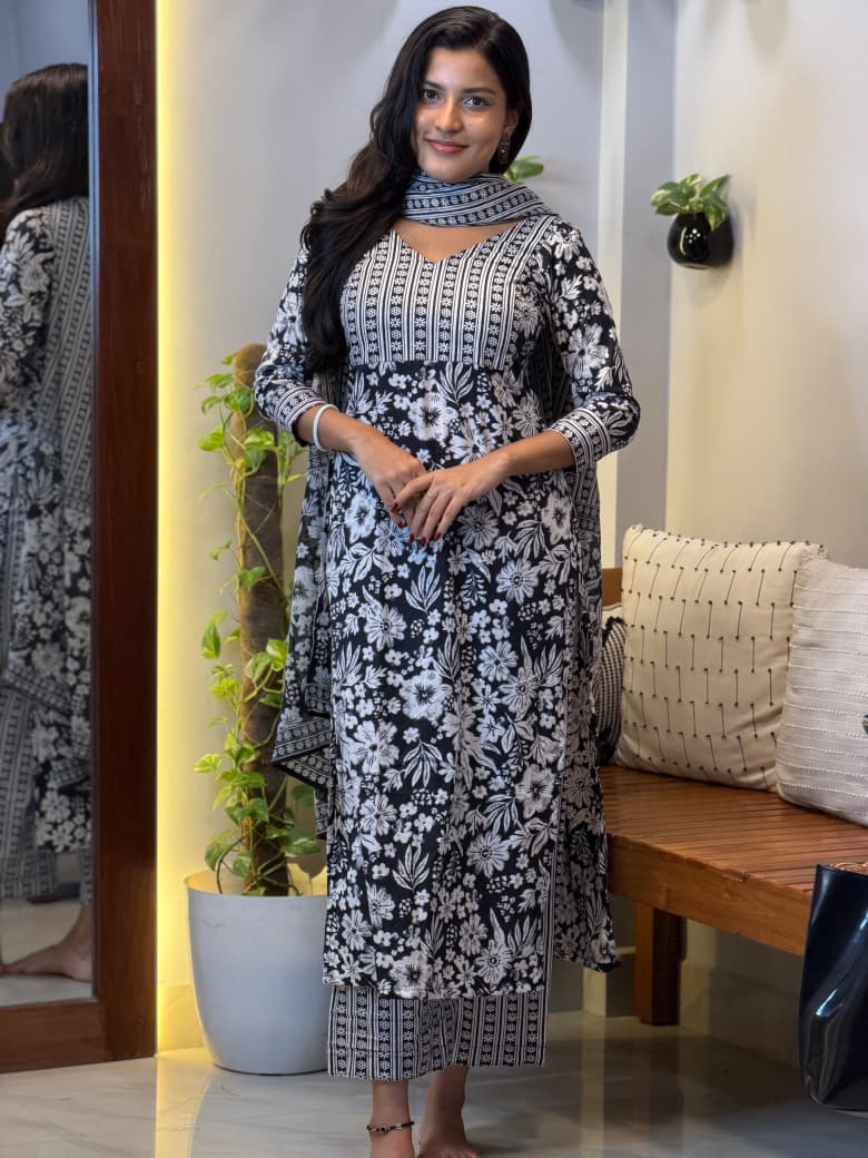 [PBC1030] Black & White Floral Jaipur Soft Cotton – full-length front view with matching bottoms and dupatta
