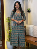 [PBC1031] Teal Medallion Print Jaipur Soft Cotton – full-length front view showing V-neck Frill Dress