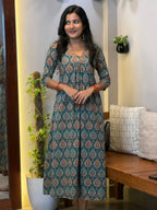 [PBC1031] Teal Medallion Print Jaipur Soft Cotton – full-length front view showing V-neck Frill Dress