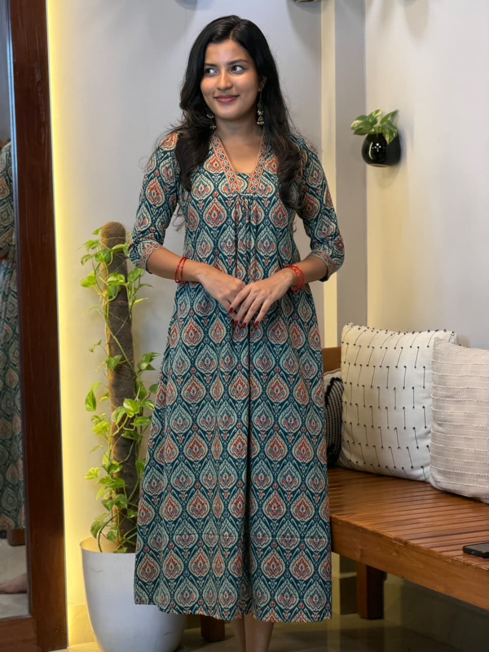 [PBC1031] Teal Medallion Print Jaipur Soft Cotton – full-length front view showing V-neck Frill Dress