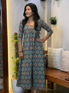 [PBC1031] Teal Medallion Print Jaipur Soft Cotton – full-length angled view showing silhouette and medallion print