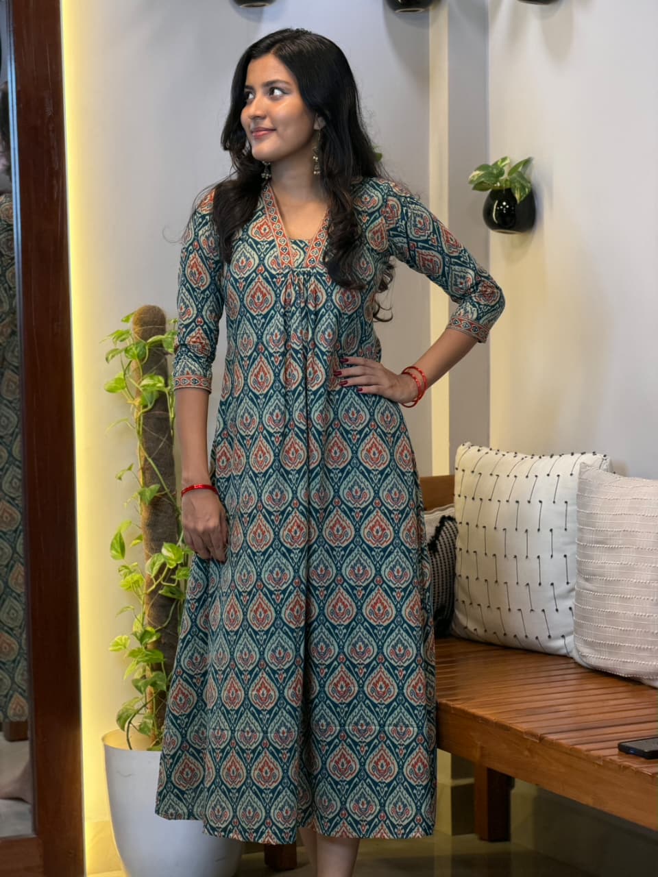 [PBC1031] Teal Medallion Print Jaipur Soft Cotton – full-length angled view showing silhouette and medallion print