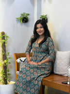 [PBC1031] Teal Medallion Print Jaipur Soft Cotton – seated view showing fabric drape and print detail