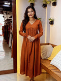 [PBC1032] Rust Booti Jaipur Soft Cotton – full-length front view showing Frill A-Line silhouette