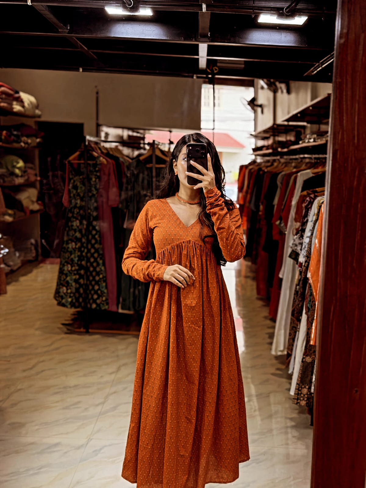 [PBC1032] Rust Booti Jaipur Soft Cotton – full-length mirror view
