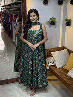 [PBC1033] Forest Green Kalamkari Jaipur Soft Cotton – full-length front view with matching dupatta