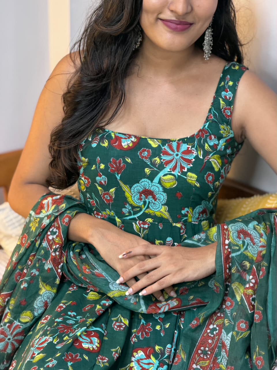 Close-up of [PBC1033] – forest green Jaipur Soft Cotton showing kalamkari bird and floral motifs
