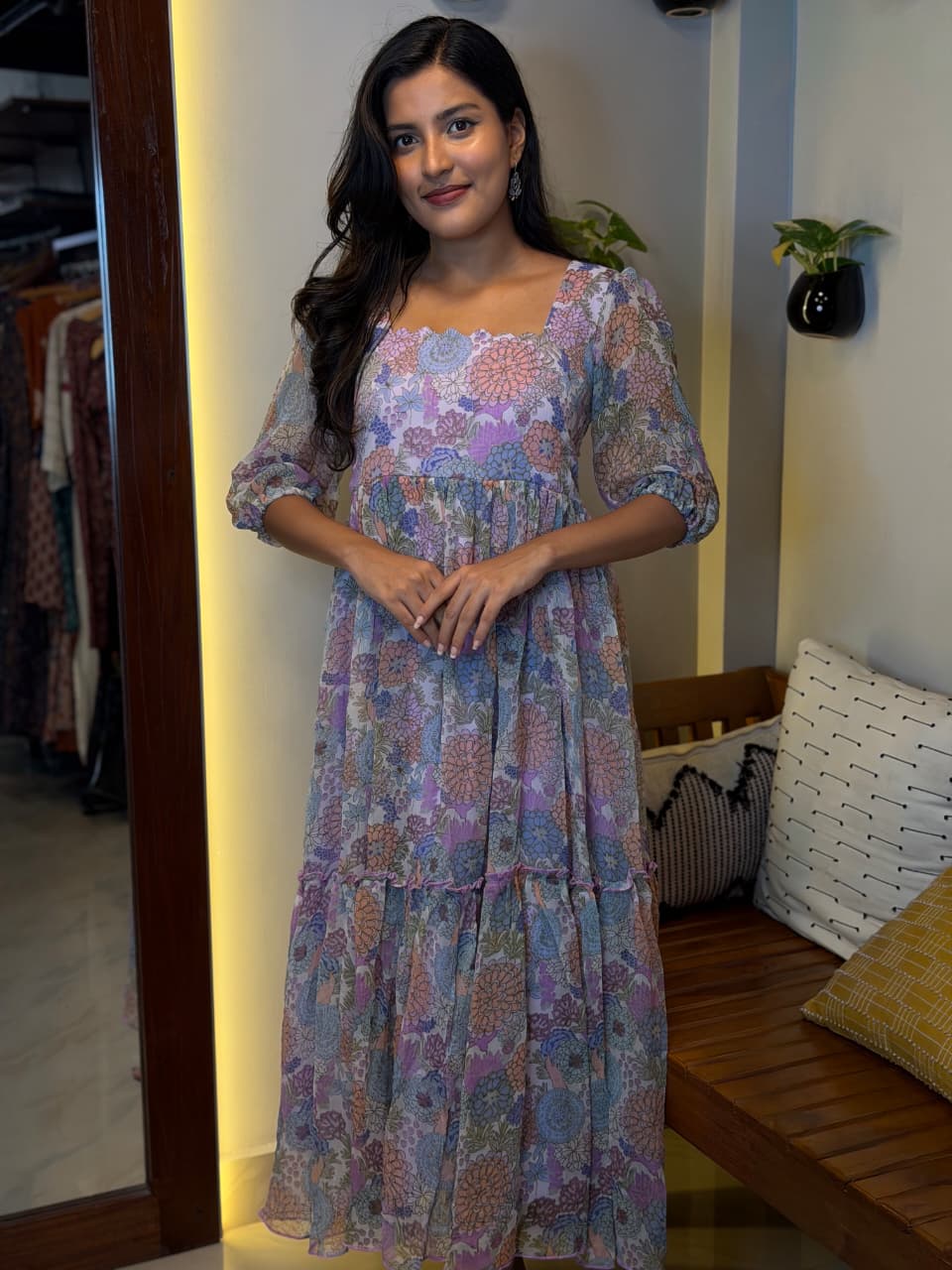 [PBC1034] Pastel Floral Printed Georgette – full-length front view showing Frill Dress silhouette
