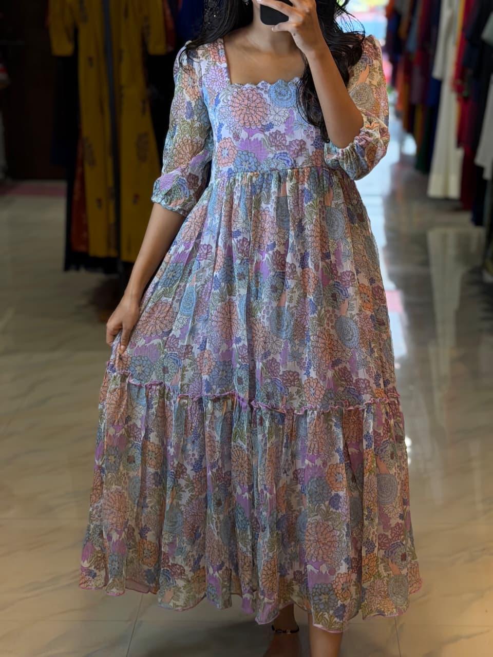 [PBC1034] Pastel Floral Printed Georgette – full-length mirror view showing dress flare
