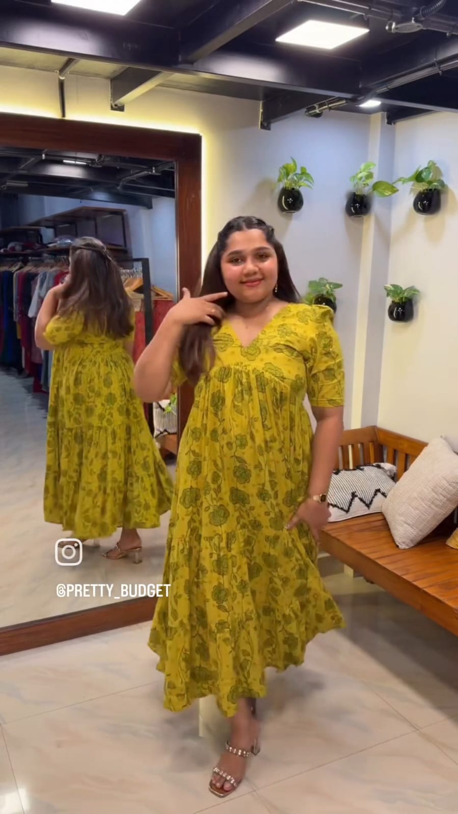 [PBC1035] Mustard Floral Block Print Jaipur Soft Cotton – full-length front view showing Frill A-Line silhouette