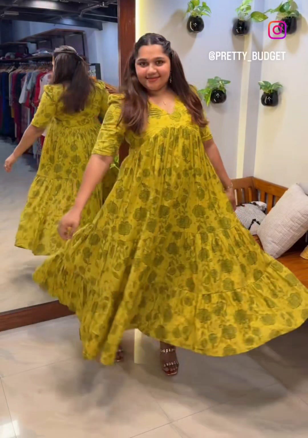 [PBC1035] Mustard Floral Block Print – full-length twirl view showing dress flare and olive green floral print