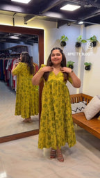[PBC1035] Mustard Floral Block Print Jaipur Soft Cotton – full-length view showing V-neckline and dress silhouette