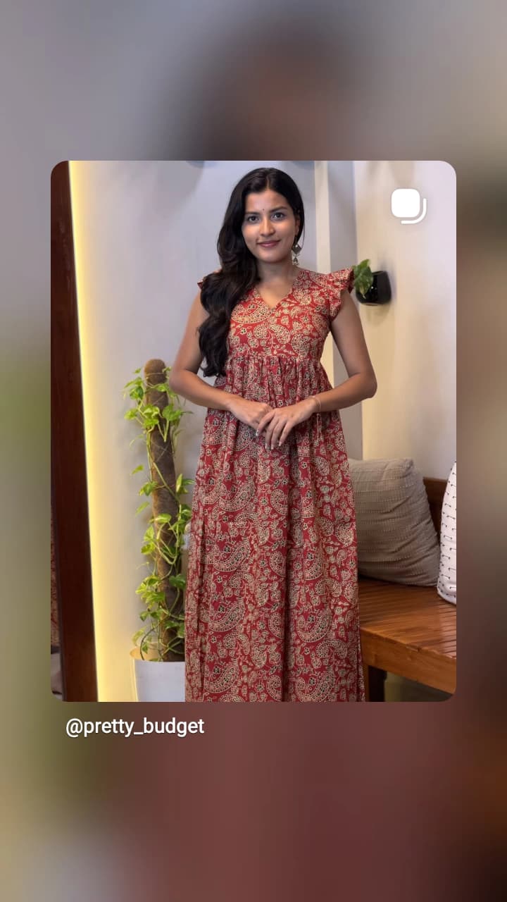 [PBC1036] Rust Paisley Hand-Block Jaipur Soft Cotton – full-length front view of Frill Dress with matching bottoms