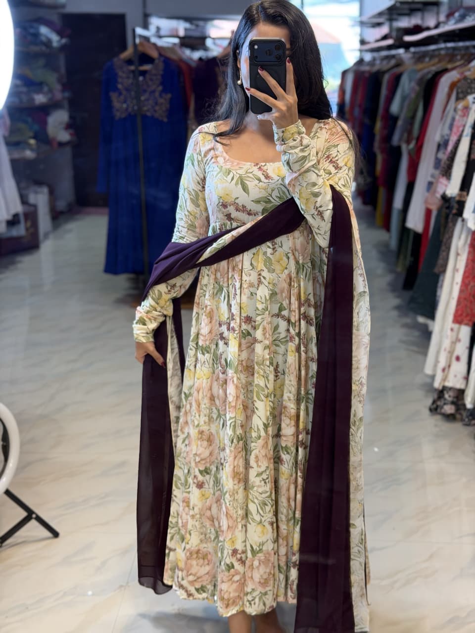[PBC1037] Ivory Garden Floral Muslin Cotton – full-length front view of Panel-Cut Anarkali with plum dupatta