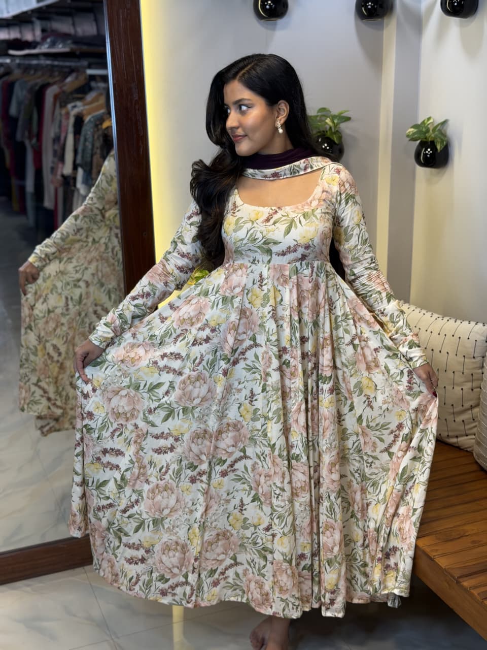 [PBC1037] Ivory Garden Floral Muslin Cotton – full-length view spreading skirt to show Anarkali flare and floral print