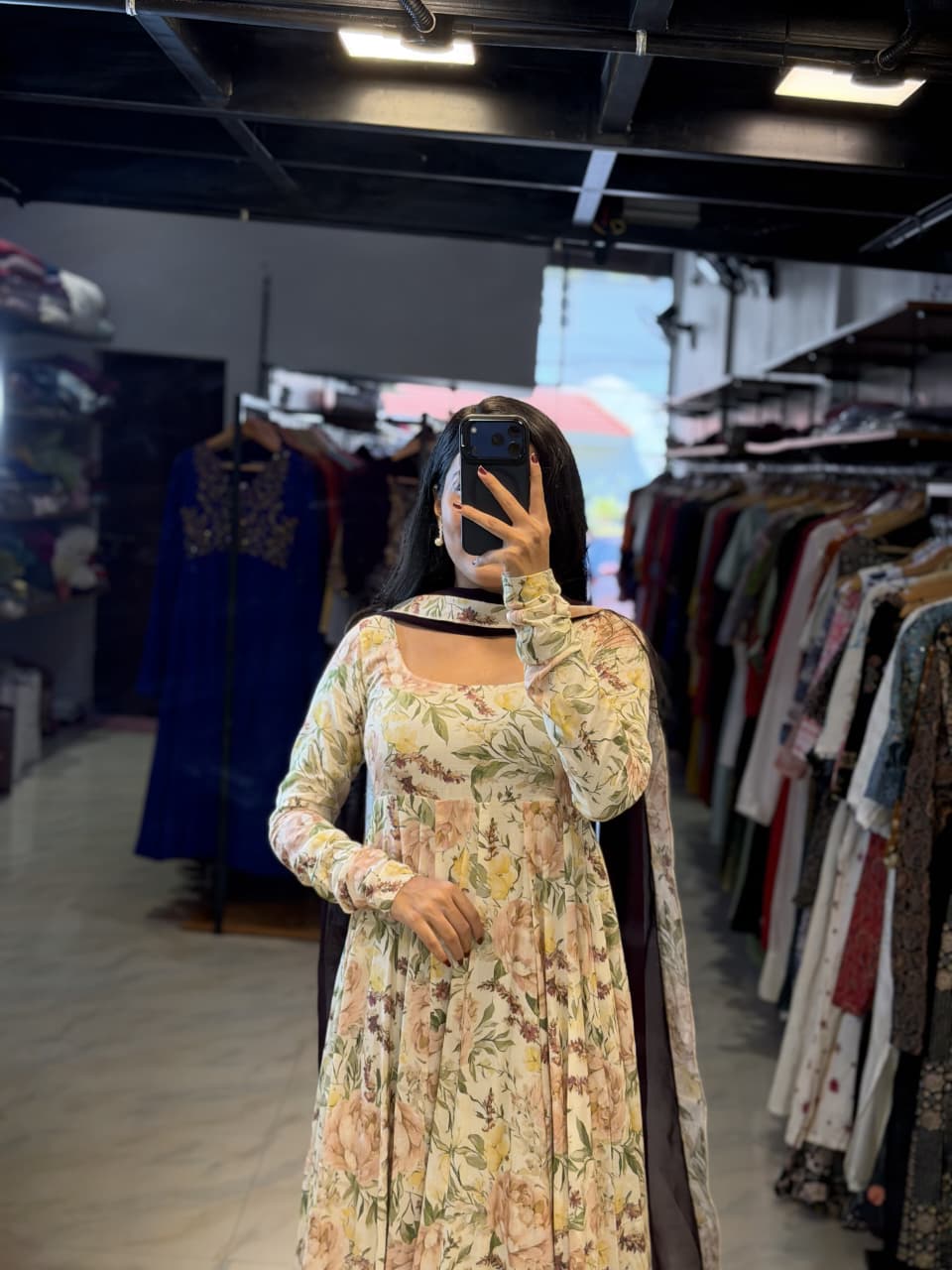 [PBC1037] Ivory Garden Floral Muslin Cotton – full-length front view with dupatta in store setting
