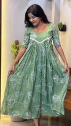 [PBC1038] Sage Green Floral Outline Mul Chanderi – full-length front view showing Frill A-Line silhouette and floral outline print