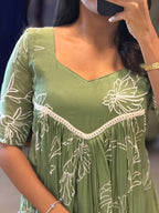 [PBC1038] Sage Green Floral Outline Mul Chanderi – close-up of yoke area showing white floral outline embroidery detail