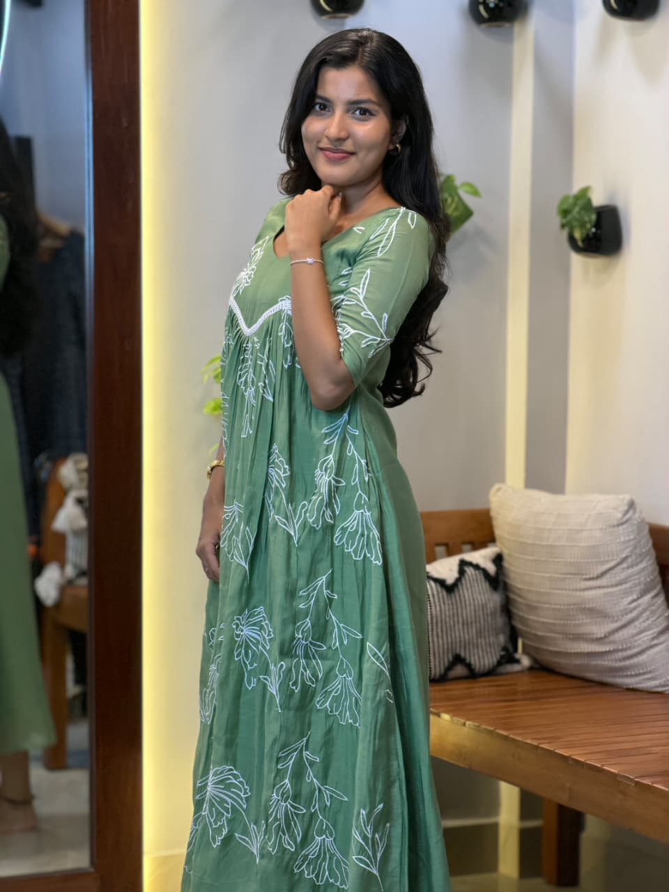 [PBC1038] Sage Green Floral Outline Mul Chanderi – side profile showing dress silhouette and fabric drape