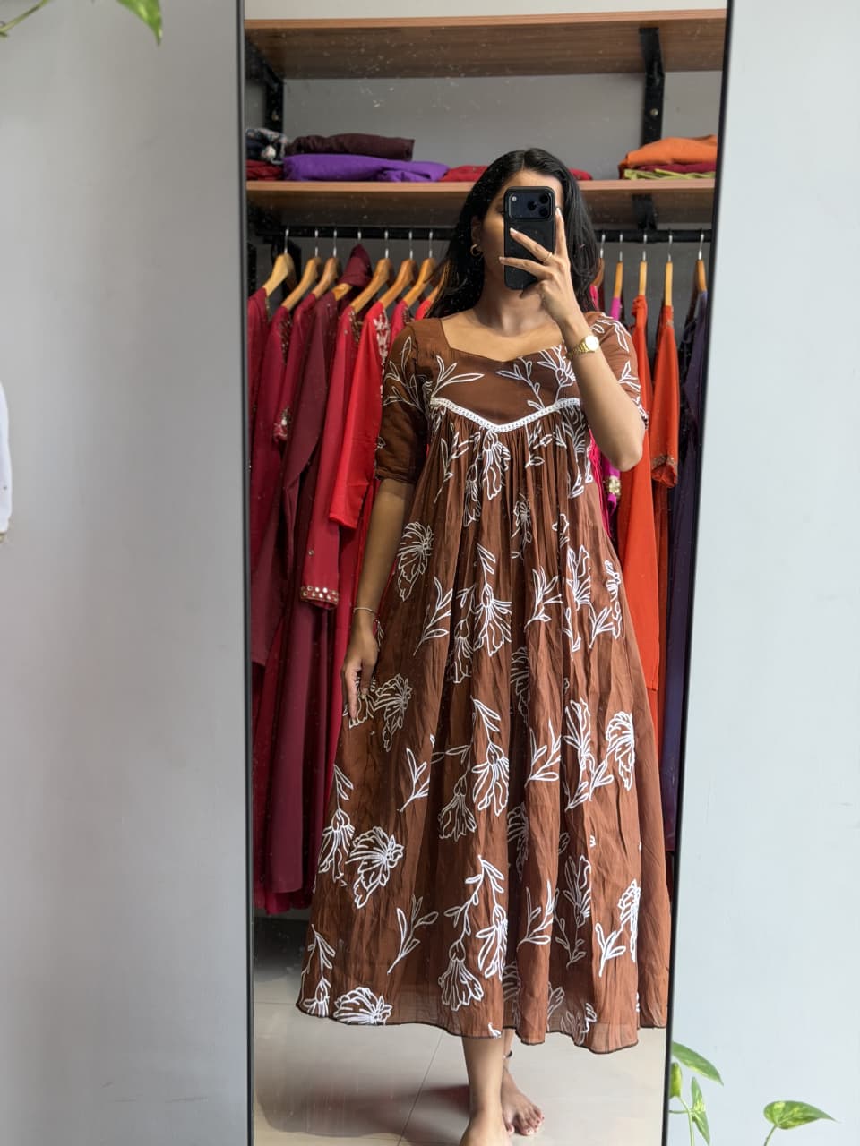 [PBC1039] Rust Brown Floral Outline Mul Chanderi – full-length in-store mirror view showing the complete silhouette