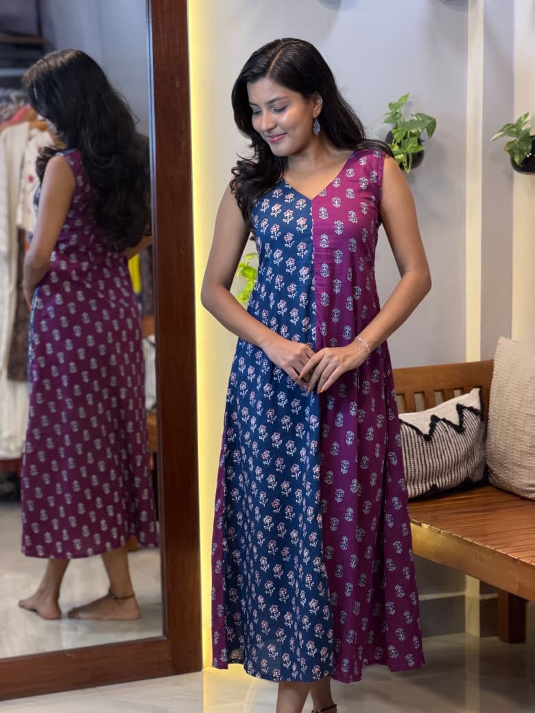 [PBC1040] Magenta & Indigo Floral Booti Jaipur Soft Cotton – full-length front view showing the dual-panel magenta and indigo booti print