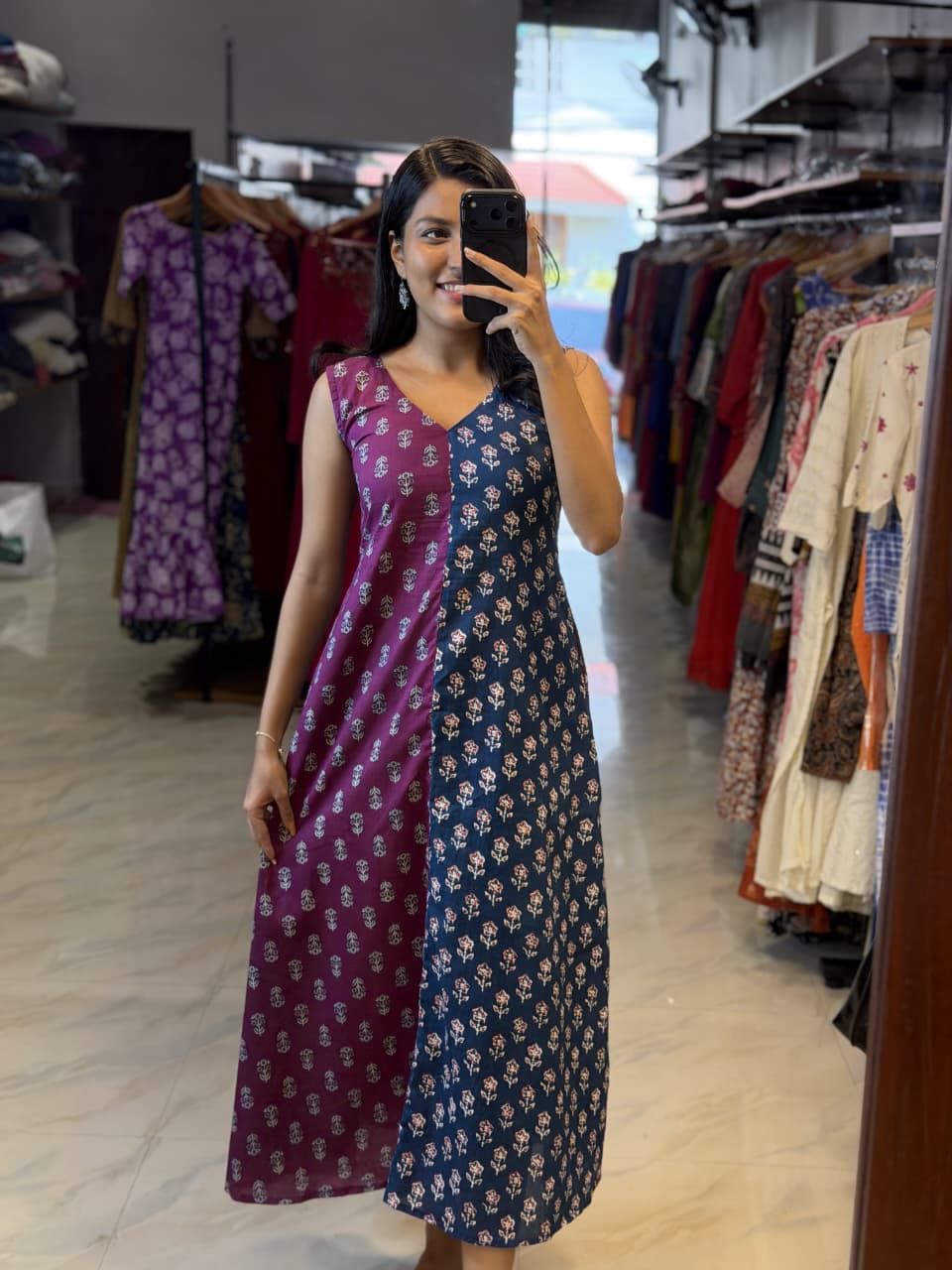 [PBC1040] Magenta & Indigo Floral Booti Jaipur Soft Cotton – full-length in-store mirror view showing the A-Line silhouette