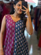 [PBC1040] Magenta & Indigo Floral Booti Jaipur Soft Cotton – close-up of the V-neckline and contrast panel seam
