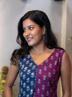 [PBC1040] Magenta & Indigo Floral Booti Jaipur Soft Cotton – upper-body view showing the booti prints and neckline