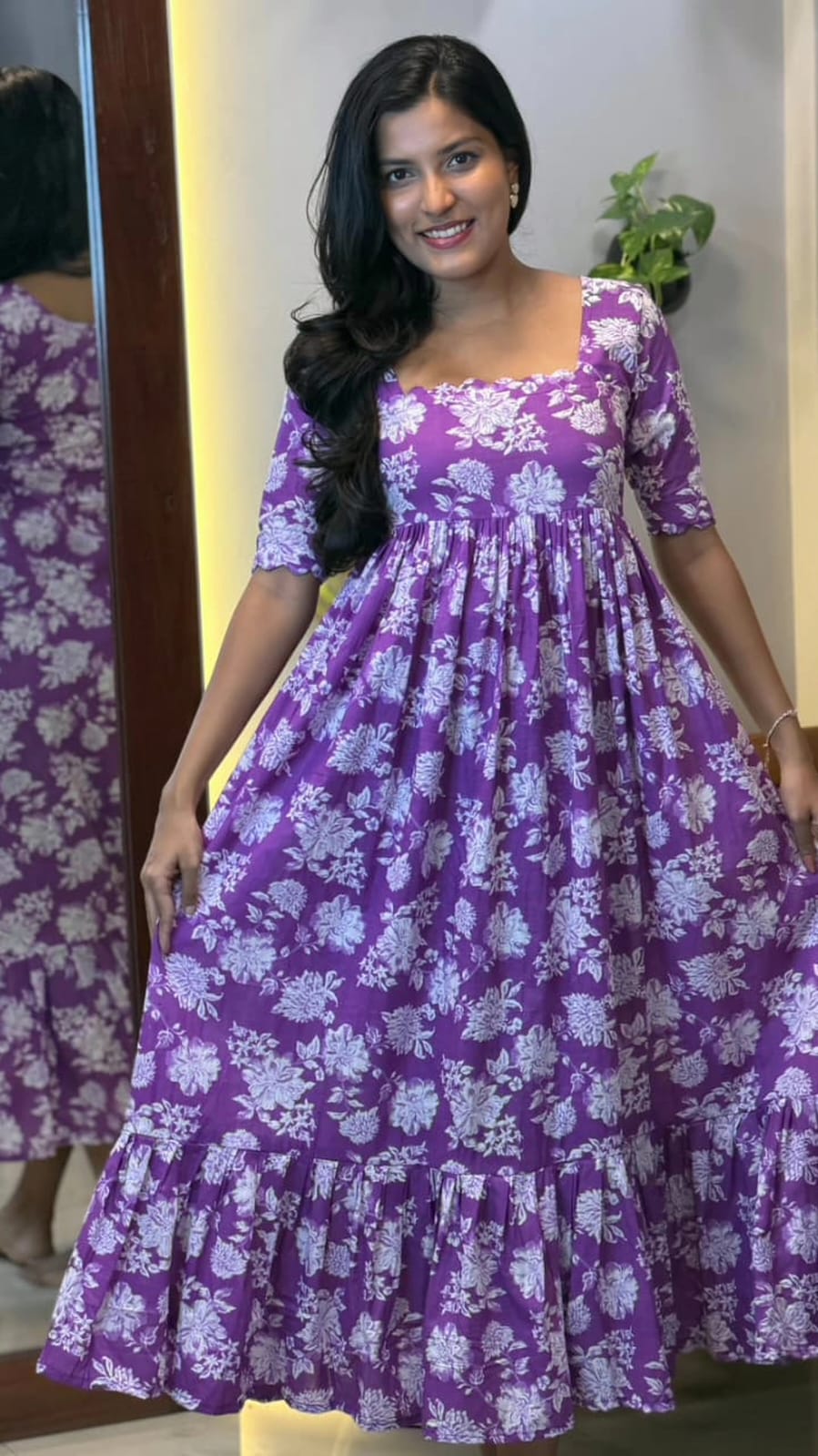 [PBC1041] Purple Floral Bloom Jaipur Soft Cotton – full-length front view showing the Frill Dress silhouette and white floral bloom print