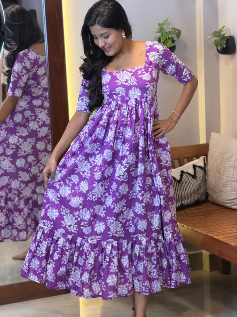 [PBC1041] Purple Floral Bloom Jaipur Soft Cotton – full-length view showing the tiered frill hem and skirt flare