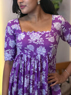 [PBC1041] Purple Floral Bloom Jaipur Soft Cotton – close-up of the gathered bodice and floral print