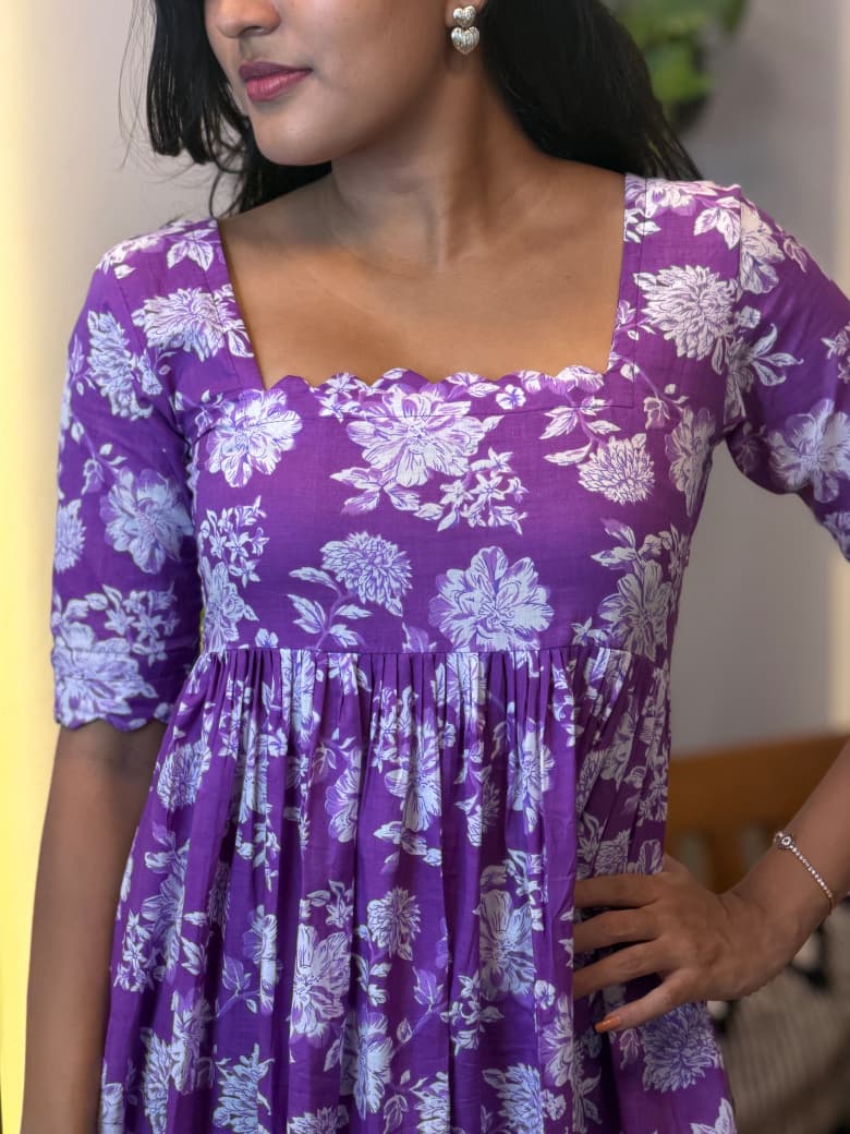 [PBC1041] Purple Floral Bloom Jaipur Soft Cotton – close-up of the gathered bodice and floral print