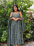 [PBC1042] Teal Ajrakh Paisley Jaipur Soft Cotton – full-length front view showing the Panel-Cut Anarkali silhouette with dupatta