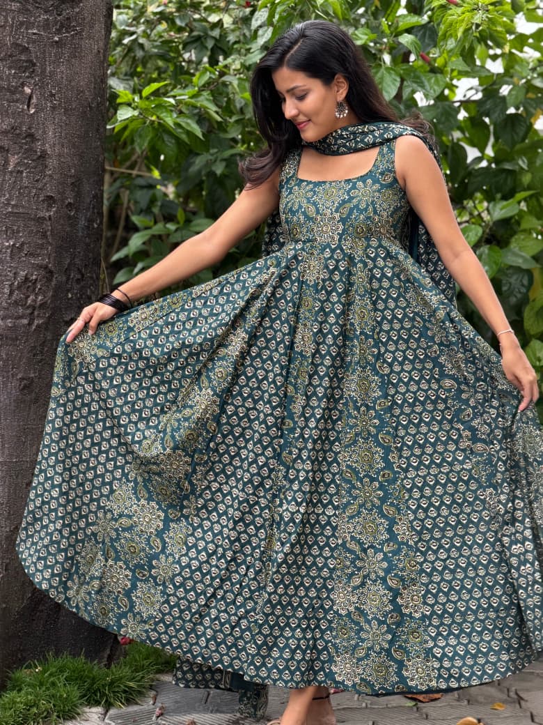 [PBC1042] Teal Ajrakh Paisley Jaipur Soft Cotton – full-length view showing the Anarkali flare and Ajrakh print