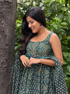 [PBC1042] Teal Ajrakh Paisley Jaipur Soft Cotton – side profile showing the silhouette and dupatta drape