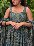 [PBC1042] Teal Ajrakh Paisley Jaipur Soft Cotton – close-up of the bodice showing the Ajrakh paisley motifs