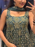 [PBC1042] Teal Ajrakh Paisley Jaipur Soft Cotton – close-up of the dupatta and bodice print