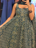 [PBC1042] Teal Ajrakh Paisley Jaipur Soft Cotton – in-store mirror view holding the skirt flare open