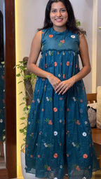 [PBC1043] Teal Floral Embroidered Mul Chanderi – full-length front view showing the Frill A-Line silhouette and floral embroidery
