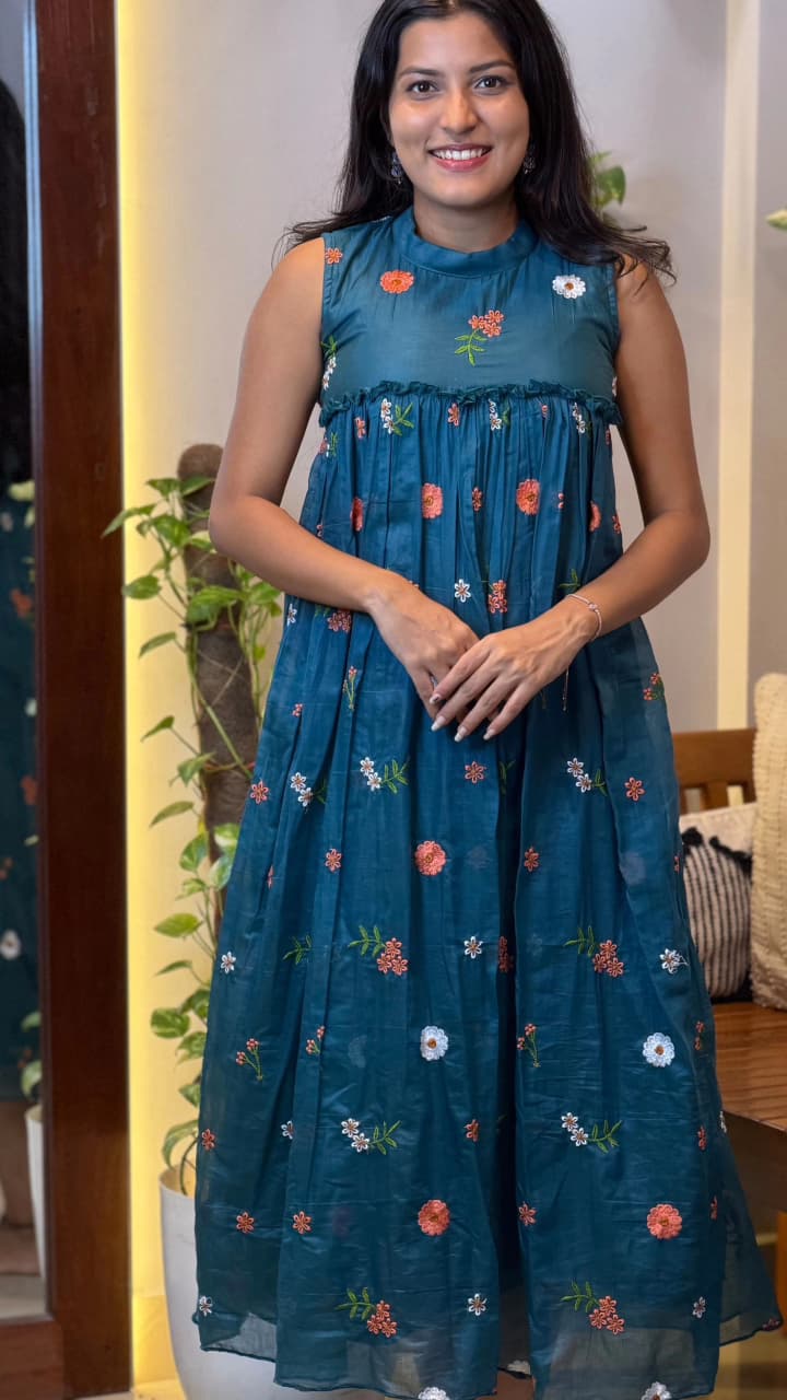 [PBC1043] Teal Floral Embroidered Mul Chanderi – full-length front view showing the Frill A-Line silhouette and floral embroidery