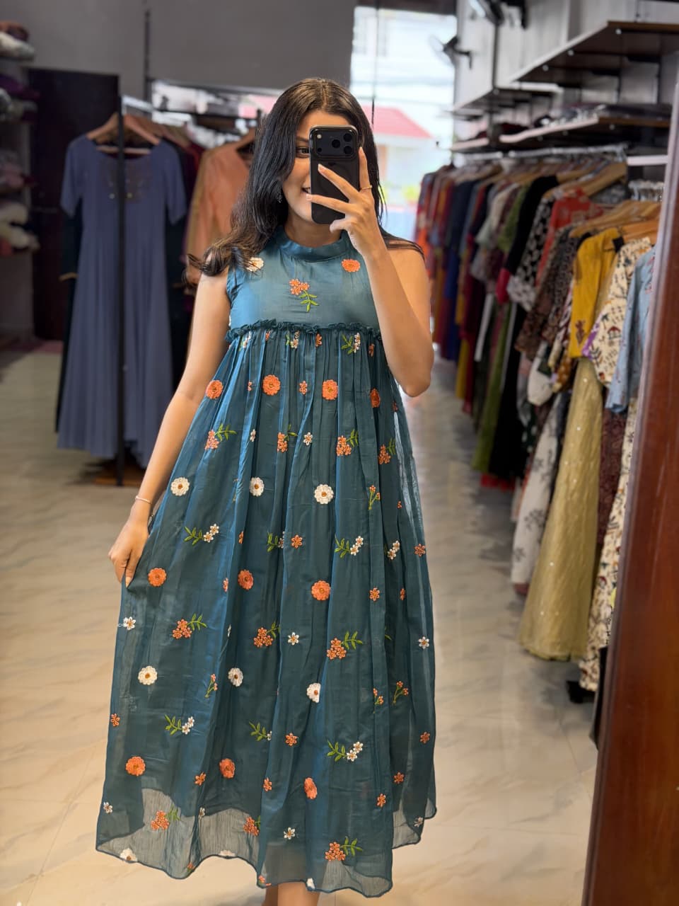 [PBC1043] Teal Floral Embroidered Mul Chanderi – full-length in-store mirror view showing the complete silhouette