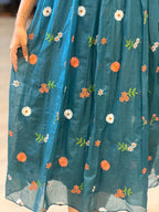 [PBC1043] Teal Floral Embroidered Mul Chanderi – close-up of the skirt showing coral and white floral embroidery