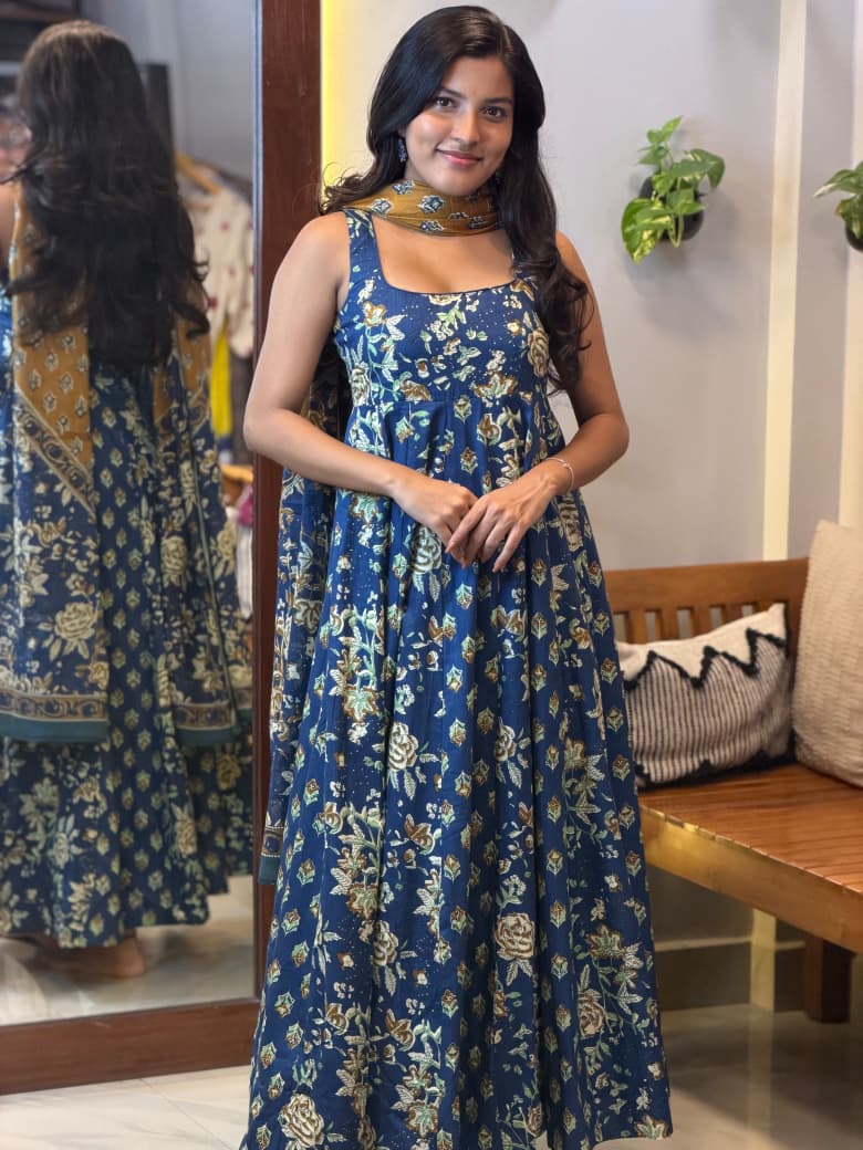 [PBC1045] Indigo Kalamkari Floral Jaipur Soft Cotton – full-length front view showing the Panel-Cut Anarkali silhouette with dupatta
