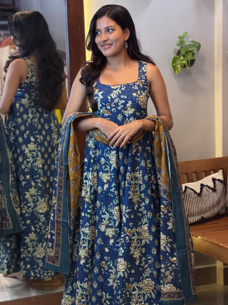 [PBC1045] Indigo Kalamkari Floral Jaipur Soft Cotton – full-length view holding the contrast mustard dupatta